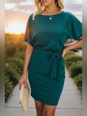 Elegant Teal Belted Women's Dress with pockets